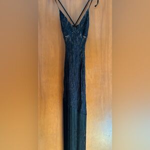 Vintage Black Lace Maxi Dress with Fringe Hem